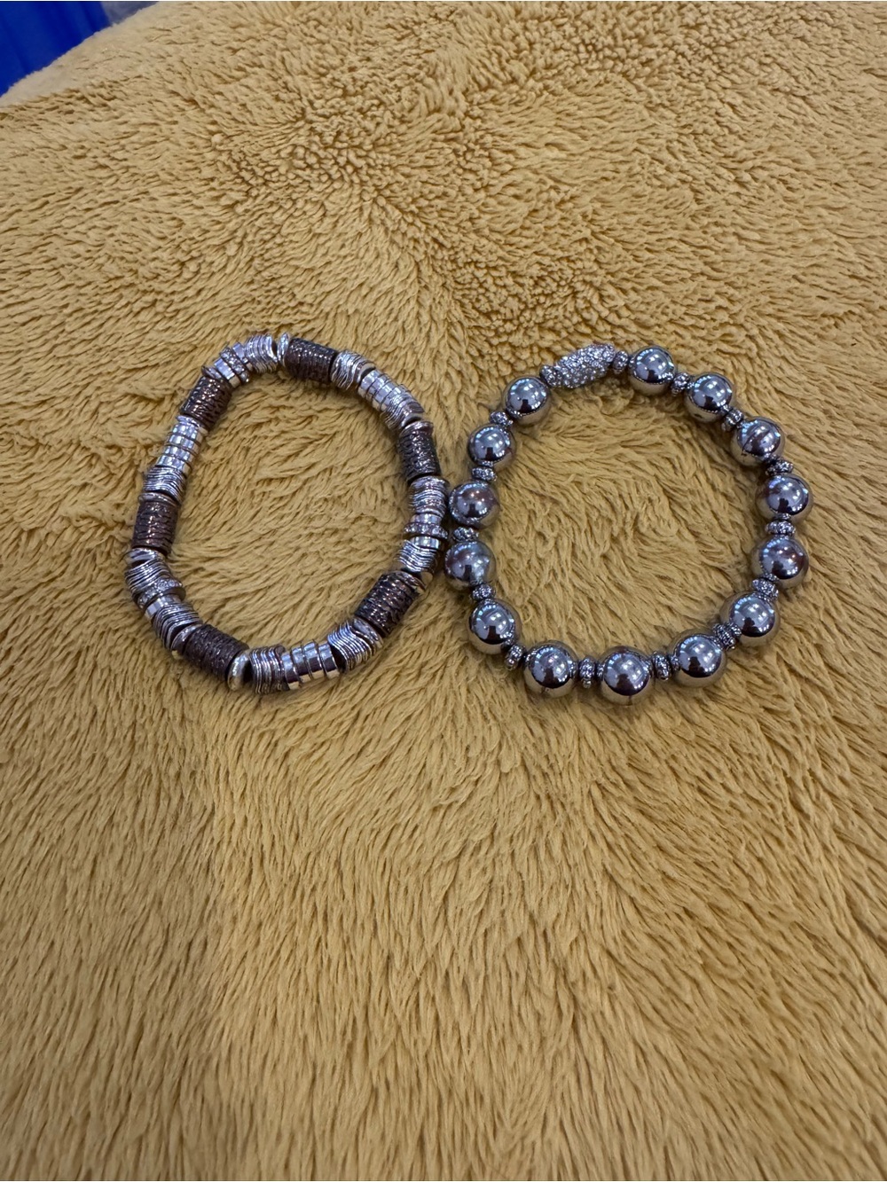 Two Stackable Silver Beaded Stretch Bracelets - Women Jewelry